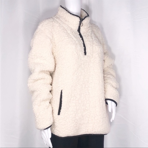 Thread & Supply Milk Cream Soft Shearling Qtr Zip Jacket SzL Pockets Black Trims - Picture 7 of 10